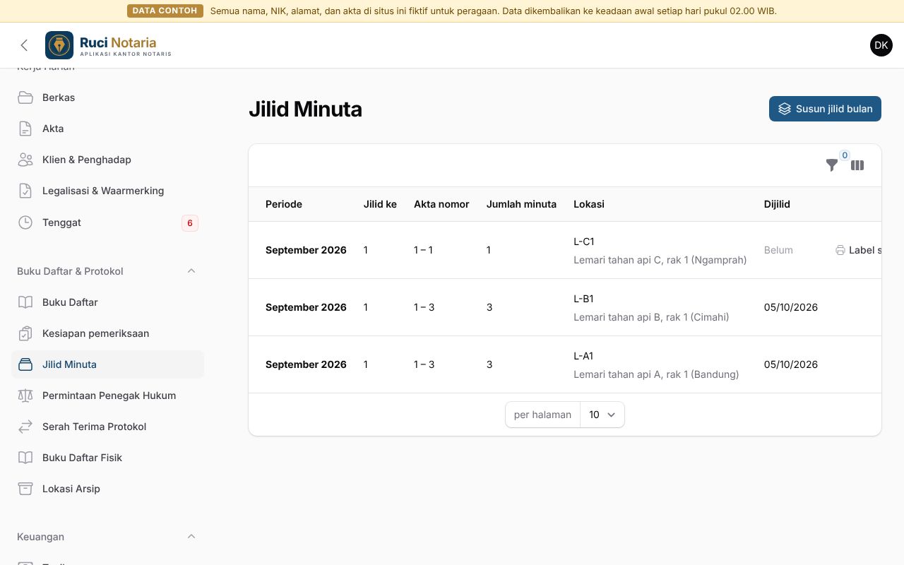 Daftar jilid minuta per bulan dengan rentang nomor akta